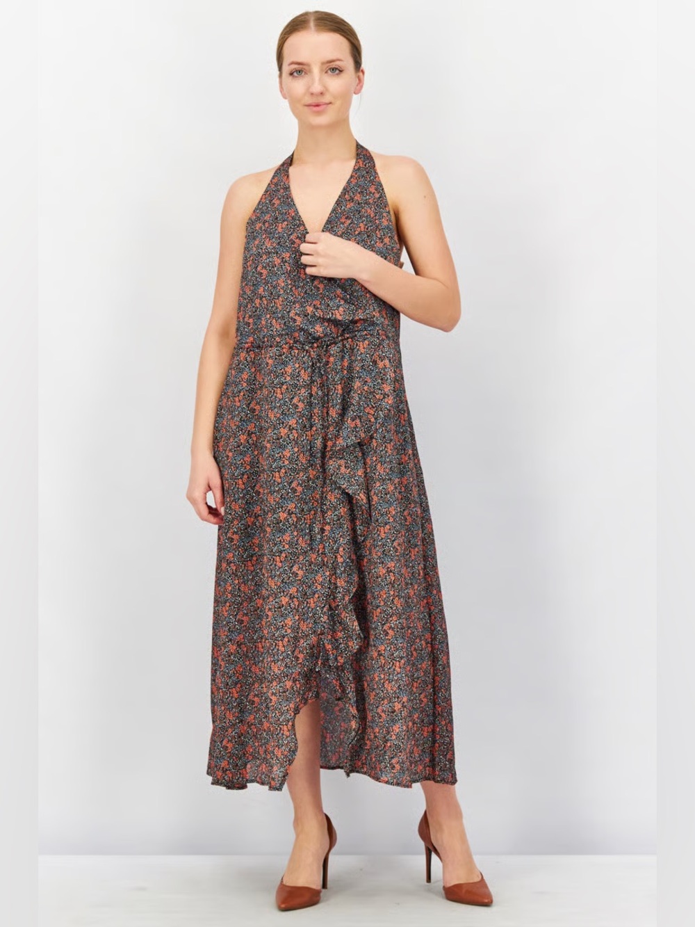 nwt $108 AVEC LES FILLES floral open back navy blue event weekend travel dress L